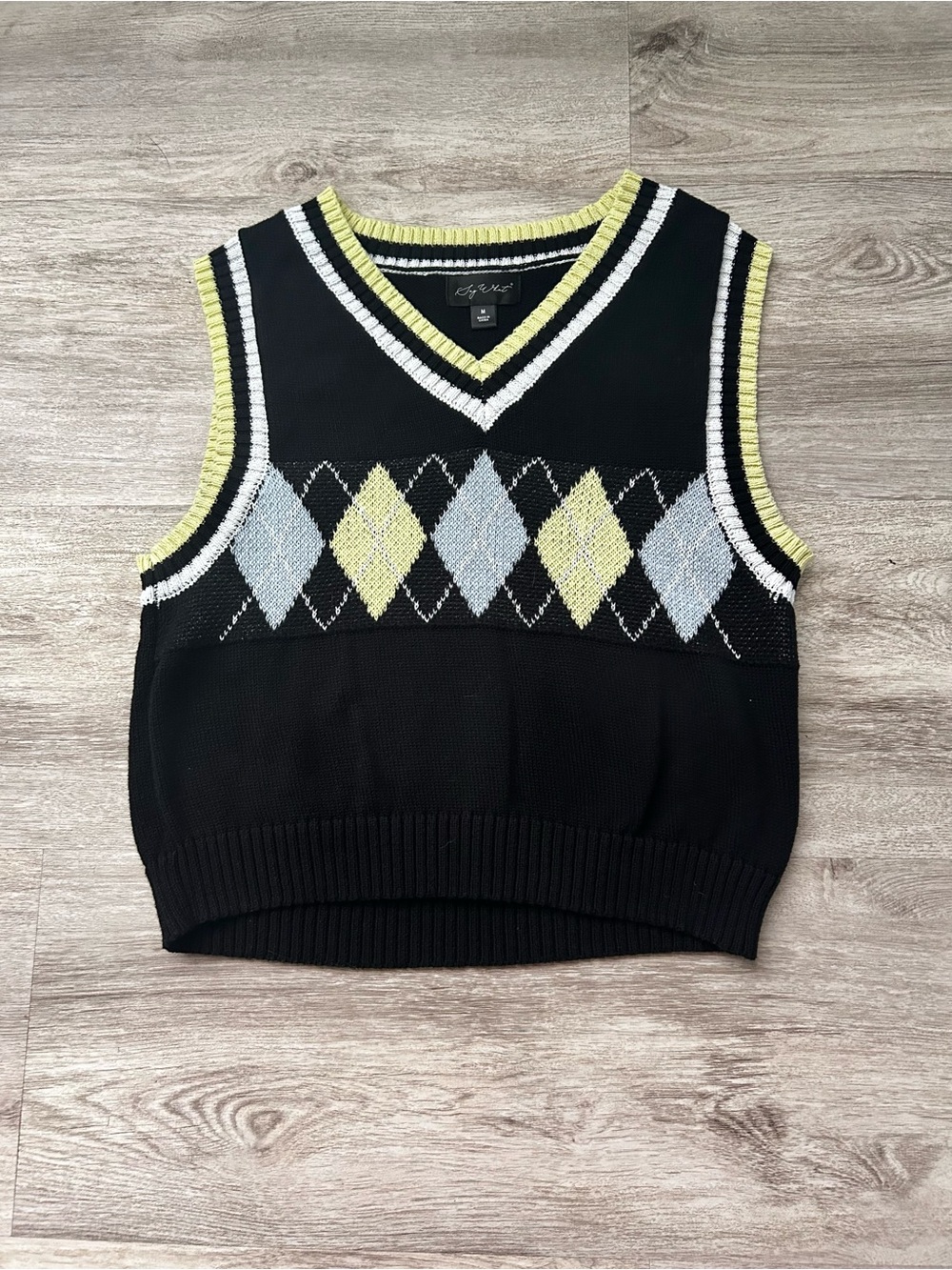 Argyle Knit V-Neck Sweater Vest - Black and Yellow